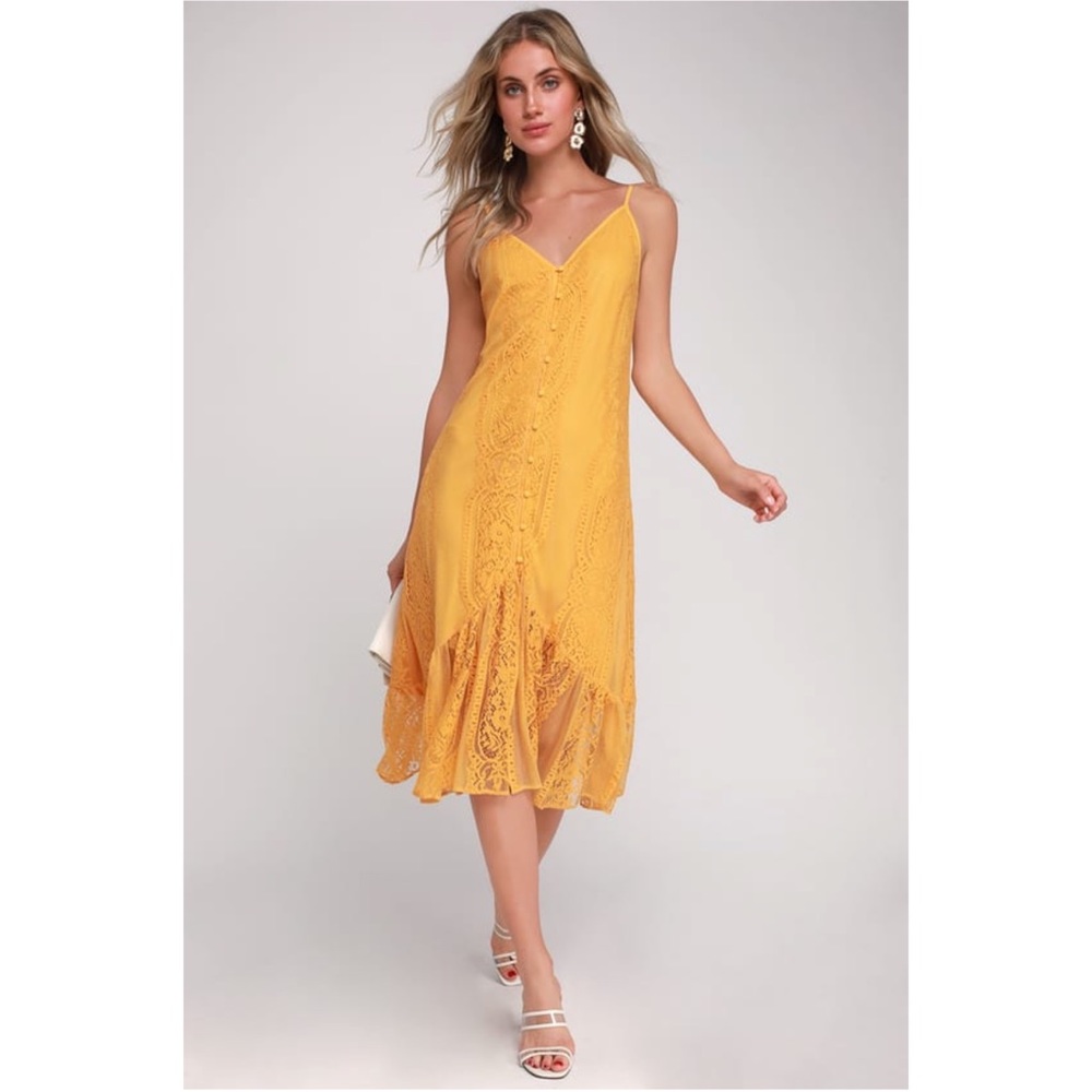 Zaharia Mustard Yellow Lace Button Down Tie Back Open Back Midi Summer Dress